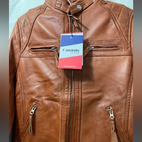 Ladies Genuine Leather Biker Jacket Tan: BR-Alice - Picture 9 of 9